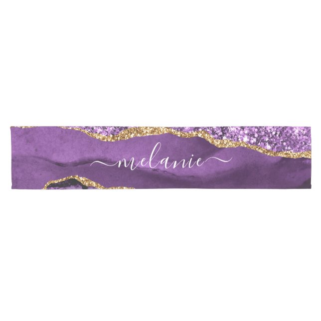 Agate Purple Gold Glitter Custom Name Table Runner (Horizontal)