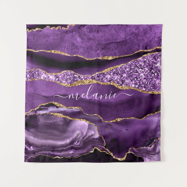 Agate Purple Gold Glitter Custom Name Tapestry (Front)