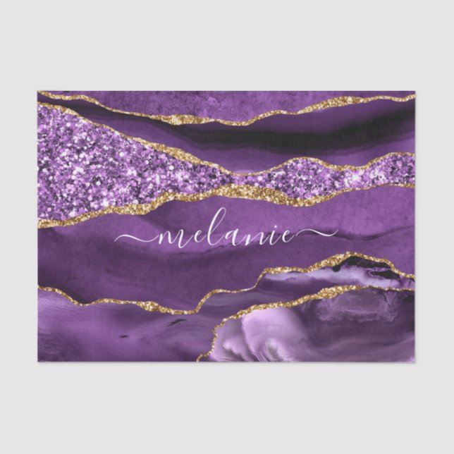 Agate Purple Gold Glitter Custom Name Tissue Paper (Front)