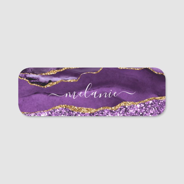 Agate Purple Gold Glitter Marble Custom Name Tag (Front)