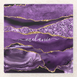 Agate Purple Gold Glitter Marble Personalized Name Glass Coaster
