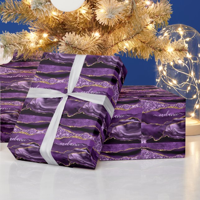 Agate Purple Gold Marble Your Name Wrapping Paper (Holidays)