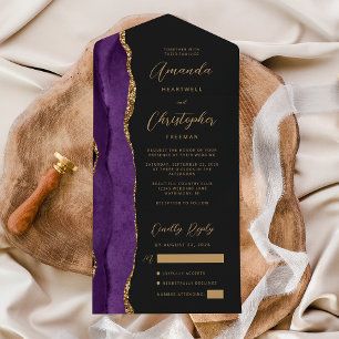 Agate Purple Gold Script Dark Wedding All In One Invitation