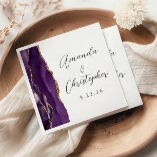 Agate Purple Gold Script Wedding Napkin