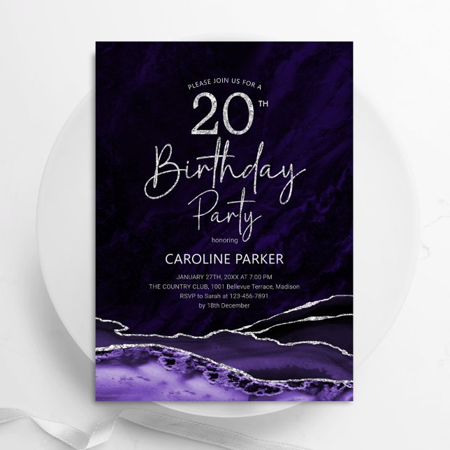 Agate Purple Silver 20th Birthday Invitation (Creator Uploaded)