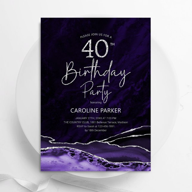 Agate Purple Silver 40th Birthday Invitation (Creator Uploaded)