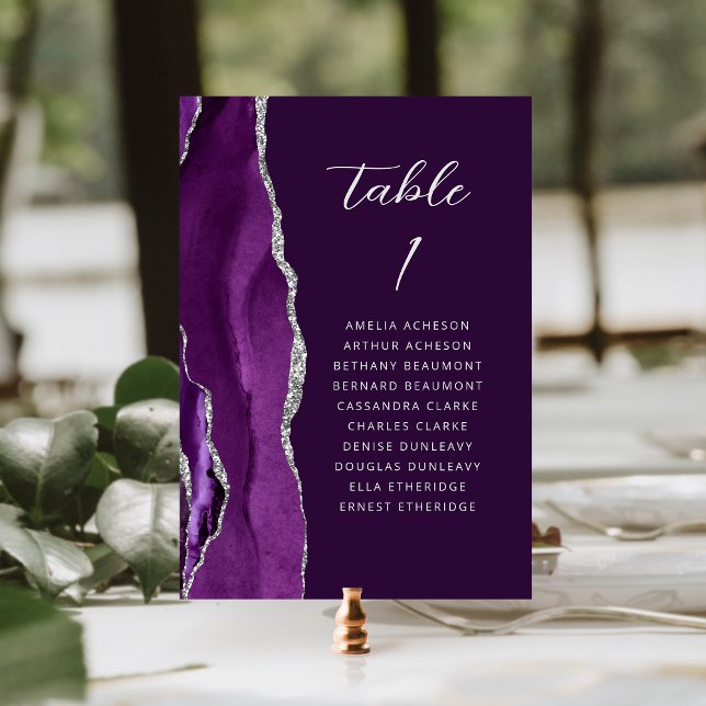 Agate Purple Silver Modern Script Plum Wedding Table Number (Creator Uploaded)