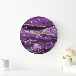 Agate Purple Violet Gold Glitter Clock Your Name