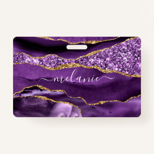 Agate Purple Violet Gold Glitter Custom Name Badge