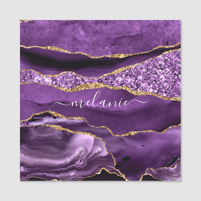 Agate Purple Violet Gold Glitter Custom Name Tag (Front)