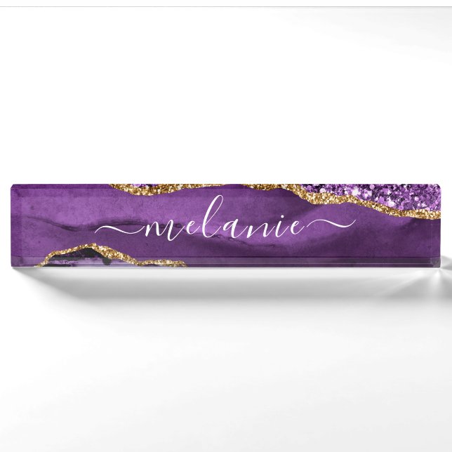 Agate Purple Violet Gold Glitter Desk Name Plate (Front)