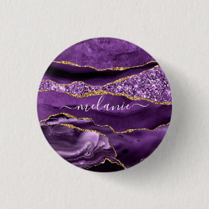 Agate Purple Violet Gold Glitter Geode Custom Name 1 Inch Round Button