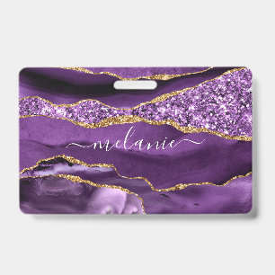 Agate Purple Violet Gold Glitter Geode Custom Name Badge