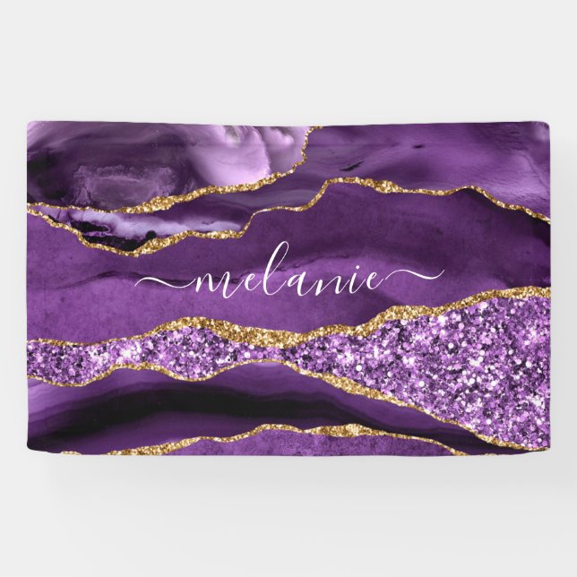 Agate Purple Violet Gold Glitter Geode Custom Name Banner (Horizontal)