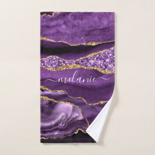 Agate Purple Violet Gold Glitter Geode Custom Name Bath Towel Set