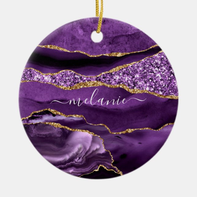 Agate Purple Violet Gold Glitter Geode Custom Name Ceramic Ornament (Front)