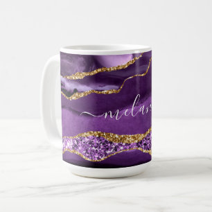 Agate Purple Violet Gold Glitter Geode Custom Name Coffee Mug