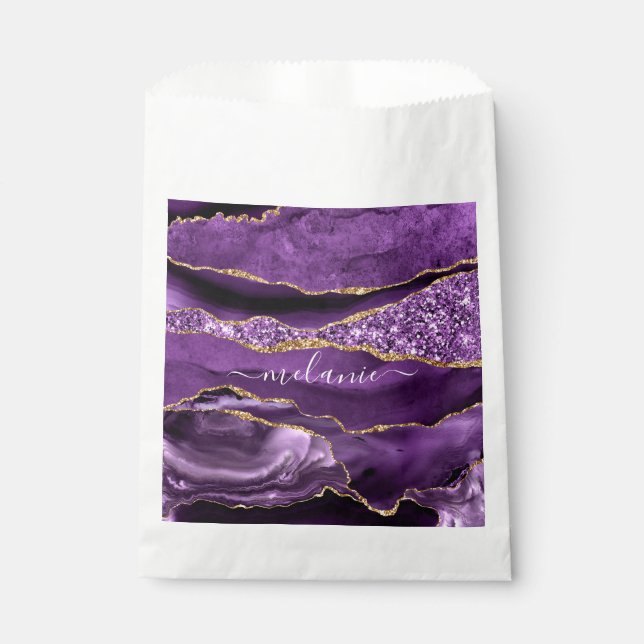 Agate Purple Violet Gold Glitter Geode Custom Name Favour Bag (Front)