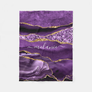 Agate Purple Violet Gold Glitter Geode Custom Name Fleece Blanket