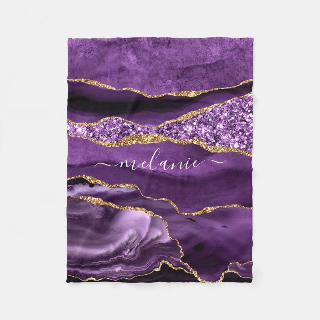 Agate Purple Violet Gold Glitter Geode Custom Name Fleece Blanket (Front)