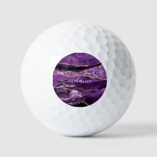 Agate Purple Violet Gold Glitter Geode Custom Name Golf Balls