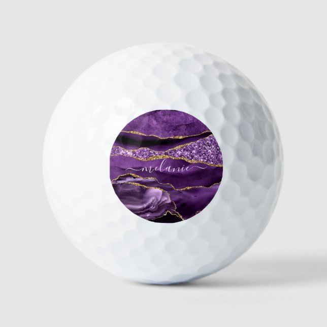 Agate Purple Violet Gold Glitter Geode Custom Name Golf Balls (Front)