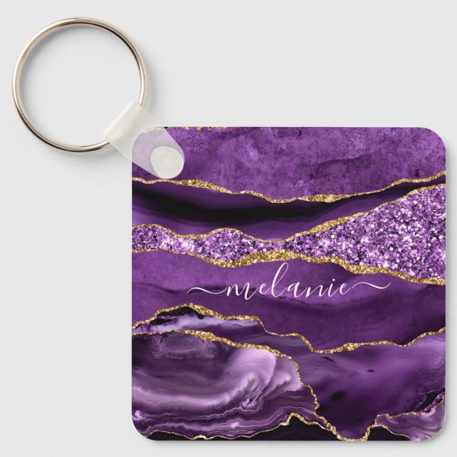 Agate Purple Violet Gold Glitter Geode Custom Name Keychain (Front)