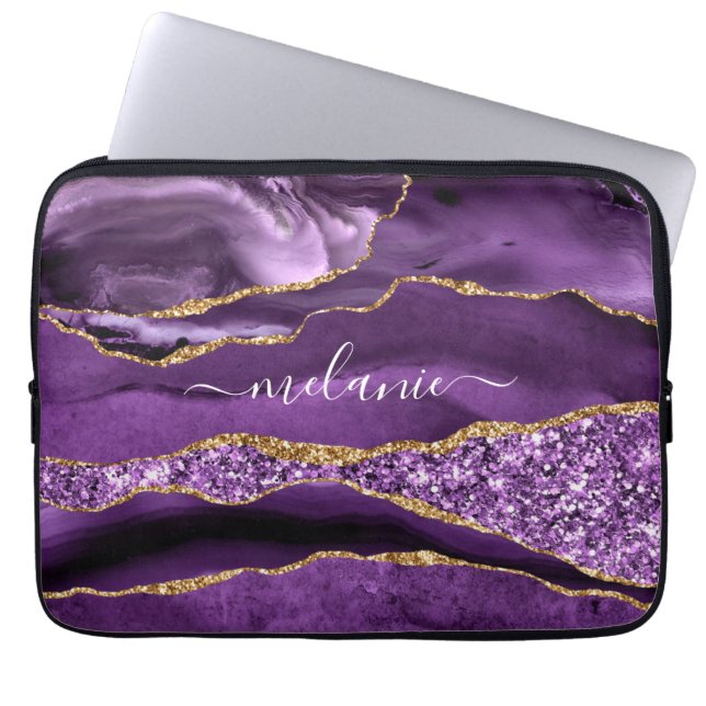 Agate Purple Violet Gold Glitter Geode Custom Name Laptop Sleeve (Front)