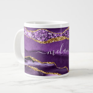 Agate Purple Violet Gold Glitter Geode Custom Name Large Coffee Mug