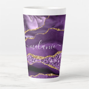 Agate Purple Violet Gold Glitter Geode Custom Name Latte Mug