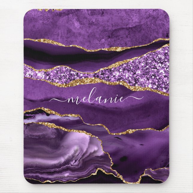 Agate Purple Violet Gold Glitter Geode Custom Name Mouse Pad (Front)