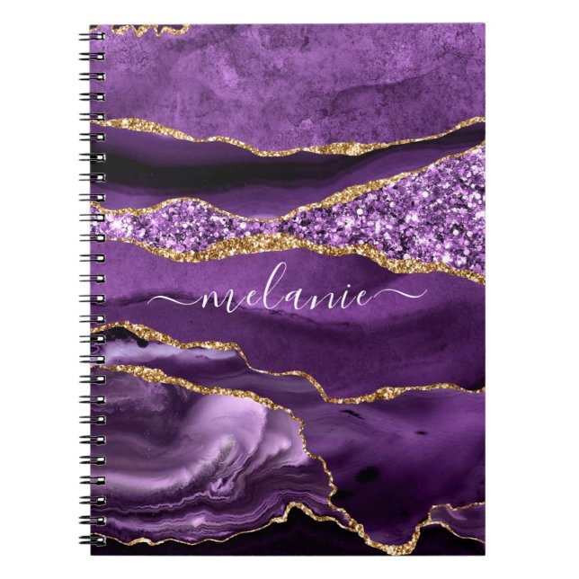 Agate Purple Violet Gold Glitter Geode Custom Name Notebook (Front)