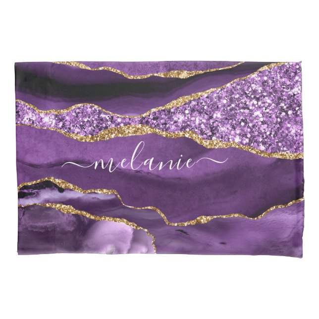 Agate Purple Violet Gold Glitter Geode Custom Name Pillowcase (Front)