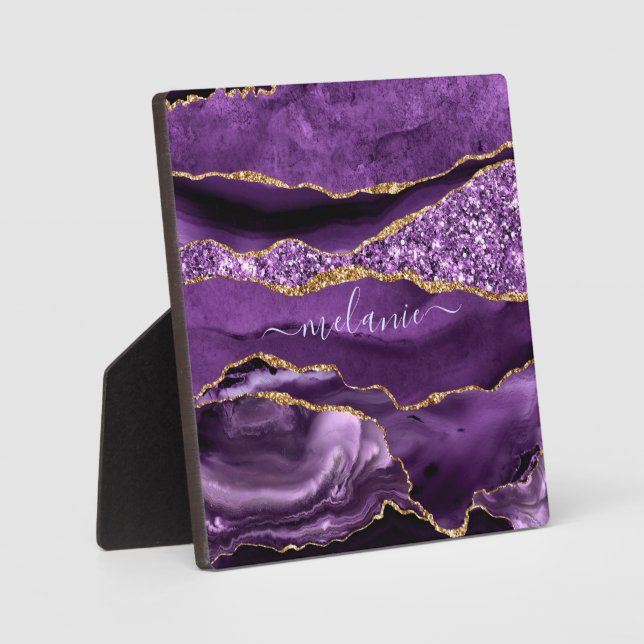 Agate Purple Violet Gold Glitter Geode Custom Name Plaque (Front)
