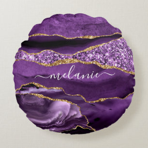 Agate Purple Violet Gold Glitter Geode Custom Name Round Pillow