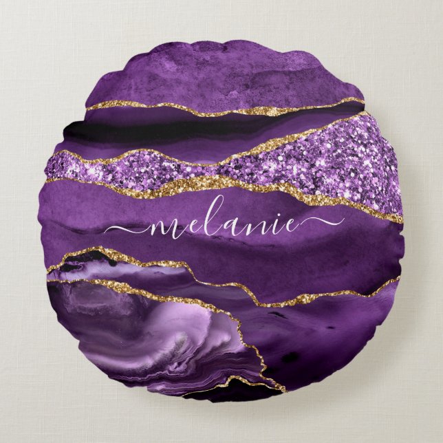 Agate Purple Violet Gold Glitter Geode Custom Name Round Pillow (Front)