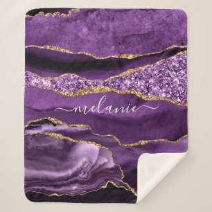 Agate Purple Violet Gold Glitter Geode Custom Name Sherpa Blanket