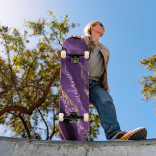 Agate Purple Violet Gold Glitter Geode Custom Name Skateboard