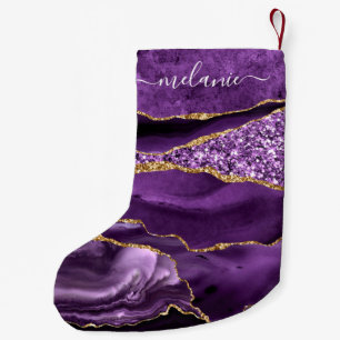 Agate Purple Violet Gold Glitter Geode Custom Name Small Christmas Stocking