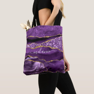 Agate Purple Violet Gold Glitter Geode Custom Name Tote Bag