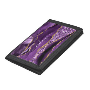 Agate Purple Violet Gold Glitter Geode Custom Name Trifold Wallet