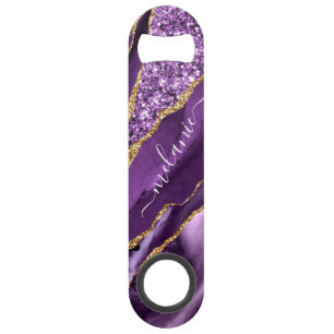 Agate Purple Violet Gold Glitter Geode Marble Name Bar Key