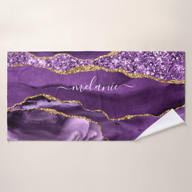 Agate Purple Violet Gold Glitter Geode Name Bath Towel Set (Bath Towel)