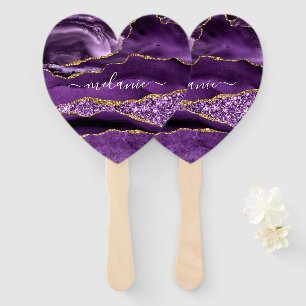 Agate Purple Violet Gold Glitter Geode Your Name Hand Fan