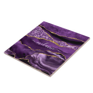 Agate Purple Violet Gold Glitter Name Ceramic Tile