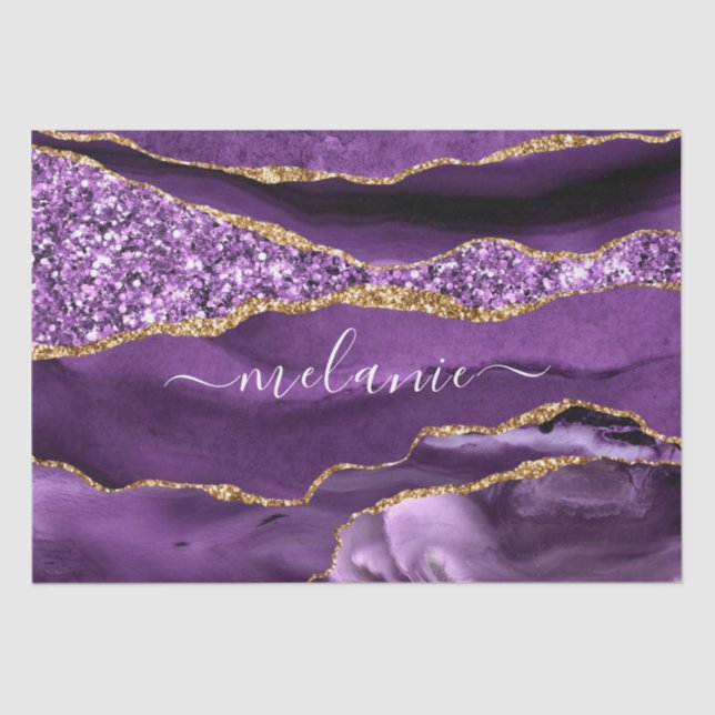 Agate Purple Violet Gold Glitter Name Tissue Paper (Front)