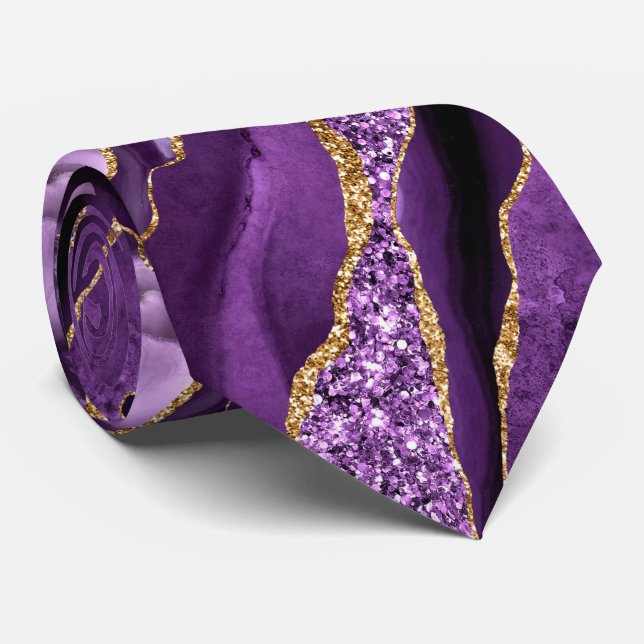Agate Purple Violet Gold Glitter Sparkle Neck Tie (Rolled)