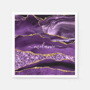 Agate Purple Violet Gold Glitter Your Name Napkins