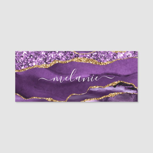 Agate Purple Violet Gold Glitter Your Name Tag (Front)