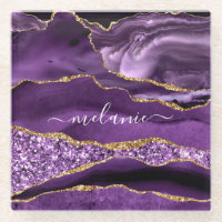 Agate Purple Violet Gold Marble Name Glass Coaster